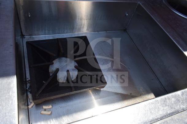 Commercial workstation featuring Alto Shaam 200-CW cold pan drop-in and two round steam wells, stainless steel, used condition.