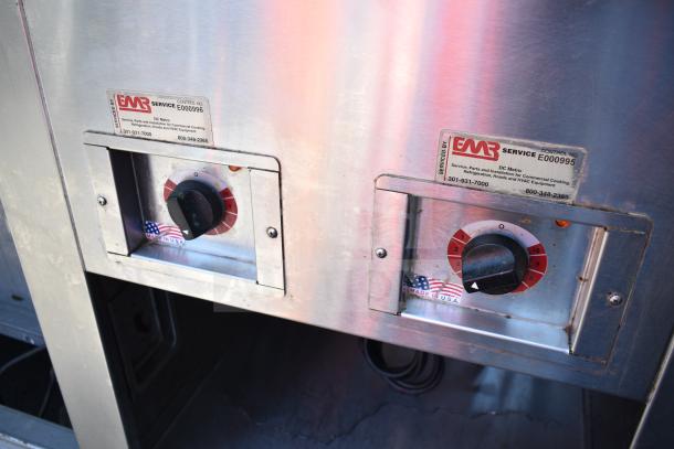 Commercial work station with Alto Shaam 200-CW Cold Pan Drop In, dual round steam wells, and visible control dials.