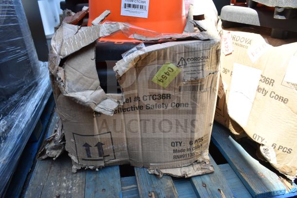 24 CTC36R 36 in. orange PVC reflective traffic cones in a damaged box. Quantity: 6. Model: CTC36R. Made by Cordova.