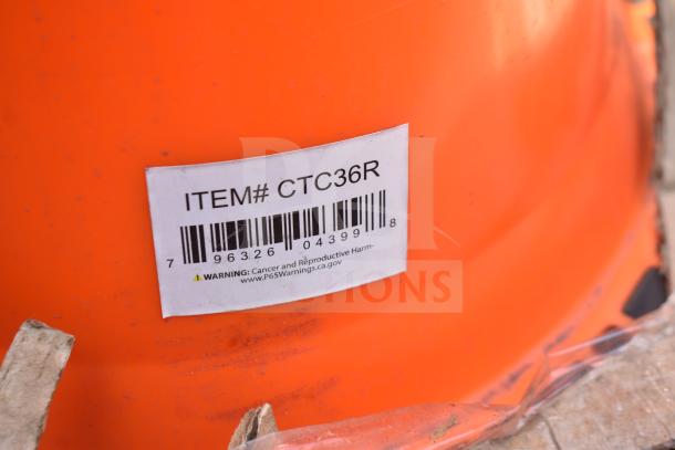 Orange PVC reflective traffic cone, 36 in., model CTC36R. Barcode and warning label visible. New condition.