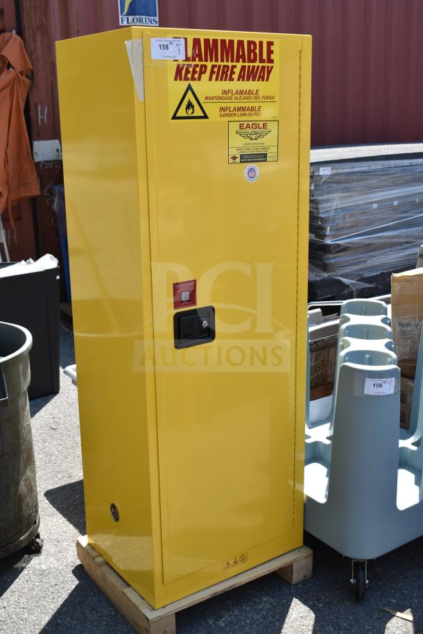 Brand new Eagle Manufacturing 24-gallon yellow flammable liquid safety cabinet, manual-closing door, scratch and dent condition.
