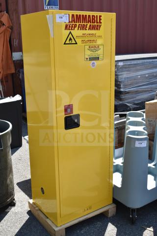 Brand new Eagle Manufacturing 24-gallon yellow flammable liquid safety cabinet, manual-closing door, scratch and dent condition.
