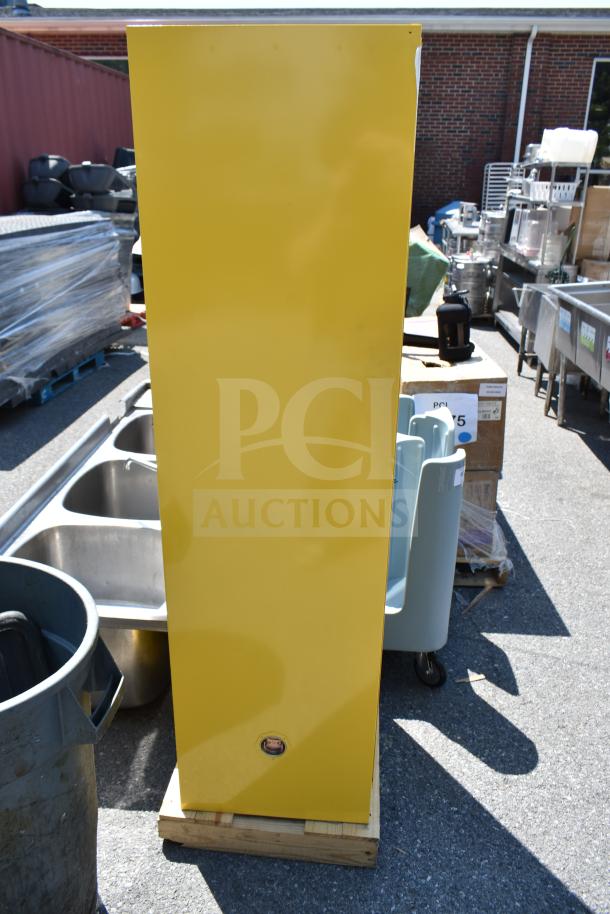 Eagle 1923X 24-gallon yellow flammable liquid safety cabinet, manual-closing door, brand new, scratch and dent condition.