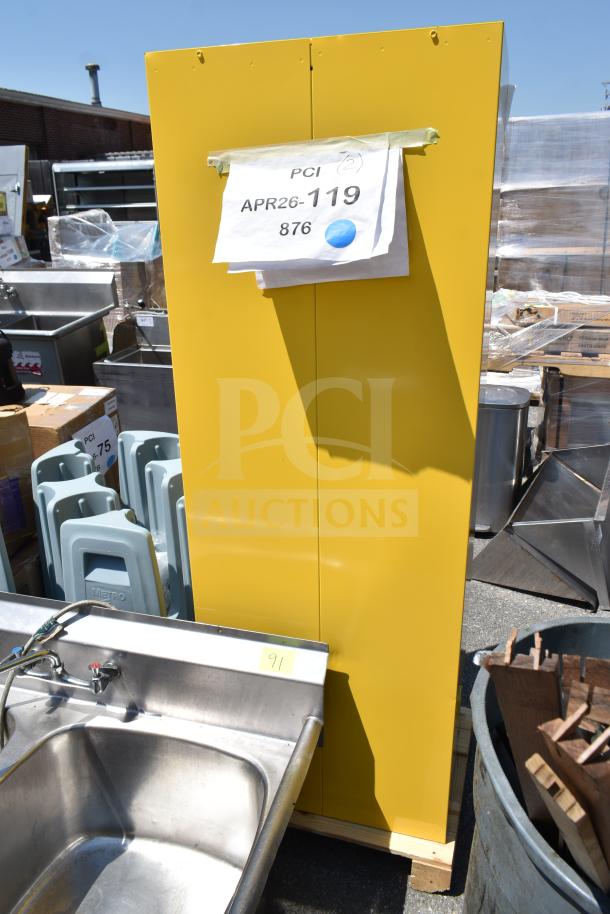 BRAND NEW Eagle Manufacturing 24 Gallon Yellow Flammable Liquid Safety Cabinet, scratch and dent condition, model 1923X.