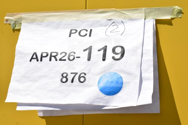 Yellow Eagle Manufacturing 24-gallon flammable liquid safety cabinet, manual-closing door, scratch and dent, label: APR26-119, 876, blue dot.