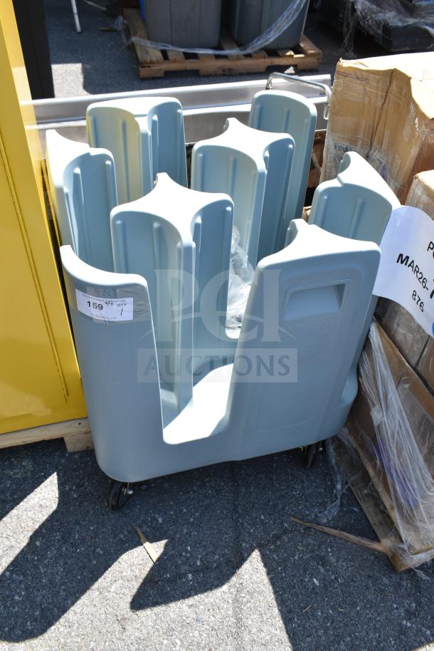 Brand new Metro POD Dish Cart with commercial casters, light blue, scratch and dent, price tag visible, sturdy design.