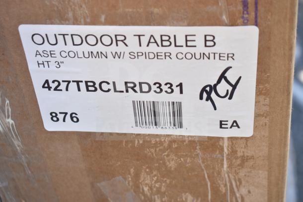"Box label for outdoor table base with spider counter, model 427TBCLRD331, height 3 inches. Item appears new."