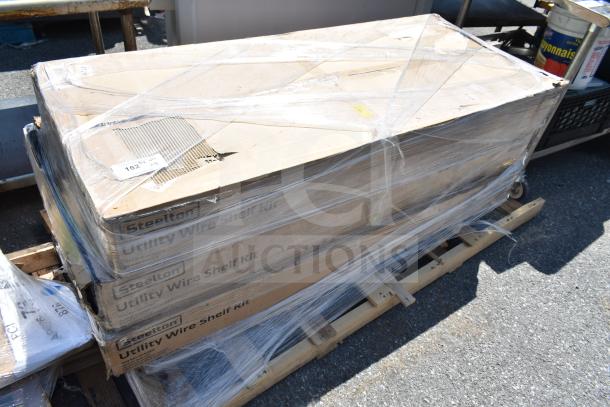 4 new Steelton 24"x60" wire utility shelves in packaging, model 465B2460KE4. Pallet wrapped, minor box damage.