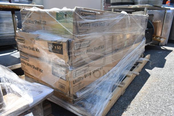 Brand new Steelton 24"x60" wire utility shelf kits, model 465B2460KE4, packaged and wrapped on a pallet.