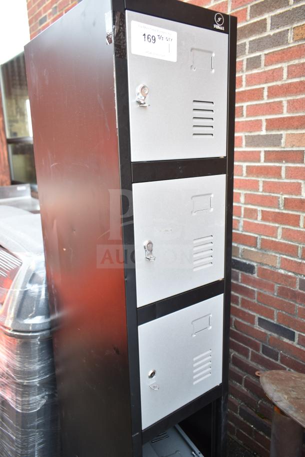 Fedmax Gray and Black 6 Cubby Locker, used. Features metal construction, secure locks, and label holder slots.