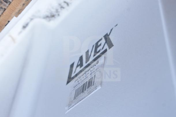 BRAND NEW Lavex 16 cu ft. white trash cart tub, scratch and dent, 1000 lb. capacity, model 47516RHWHTUB, label visible.