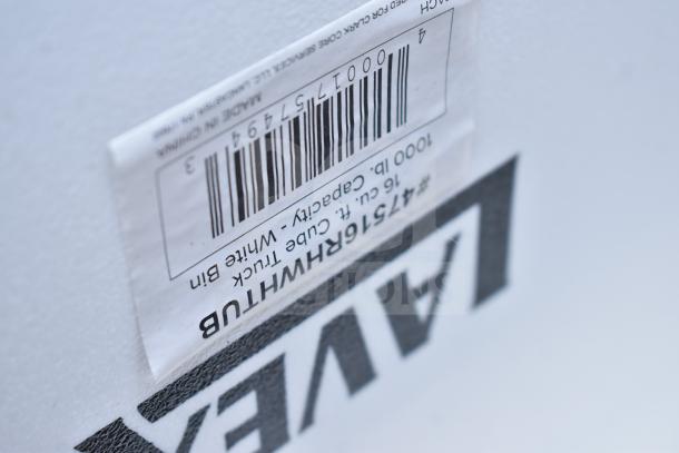 BRAND NEW Lavex 16 cu ft. white truck/trash cart tub, 1000 lb. capacity, model 47516RHWHTUB, minor scratches, barcode visible.