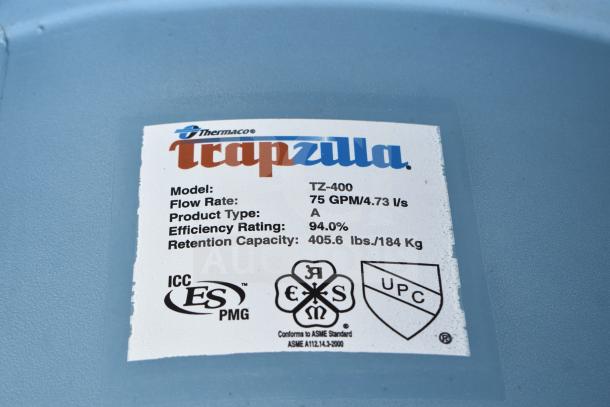 Brand new Thermaco Trapzilla TZ-400-ECA grease interceptor with 75 GPM flow, 405 lb. capacity, 4" inlet/outlet, 18" extension.