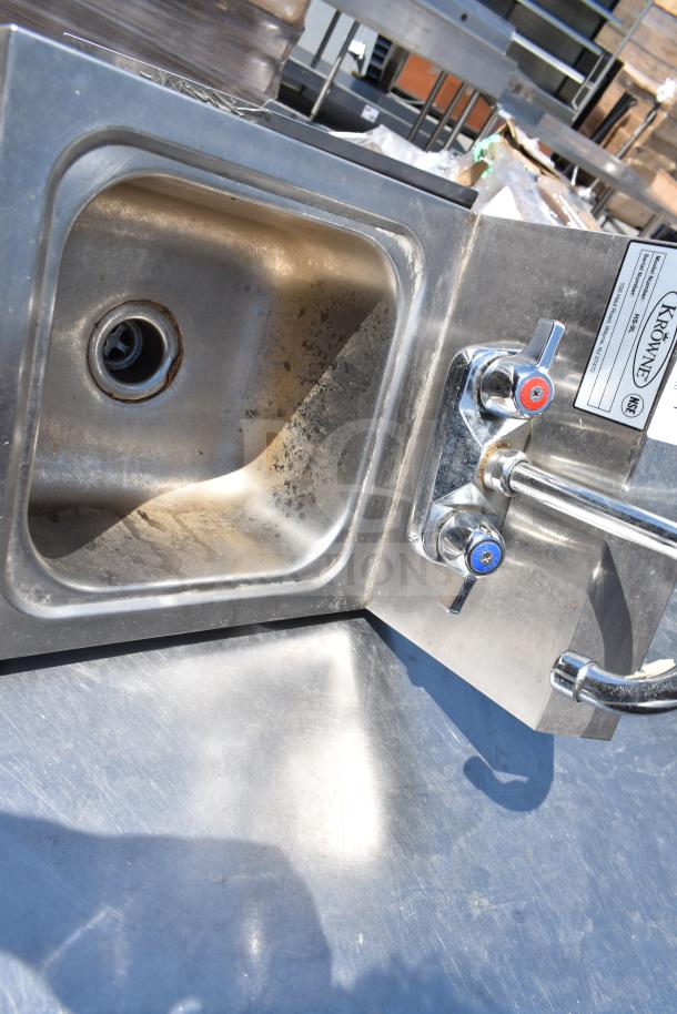 Krowne HS-9L 14 1/4" x 12" wall-mounted hand sink, stainless steel, dual temperature control, NSF certified label visible.