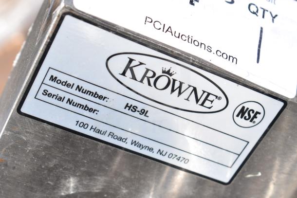 Krowne HS-9L hand sink label shows model and serial number fields; NSF certified, located in Wayne, NJ.
