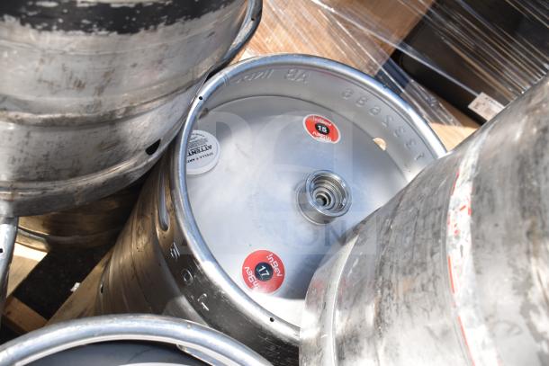 10 half-size metal barrel kegs, showing wear; features markings including "InBev 15" and "Avery."