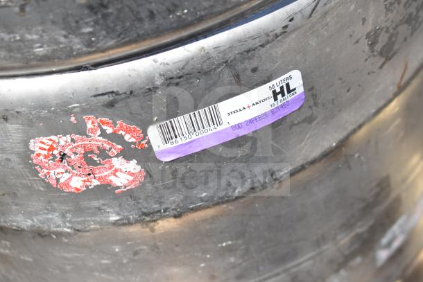 10 Half Size Barrel Kegs, 50L, marked Stella Artois. Visible wear, offers 13.2 gallons capacity each. Auction for group.