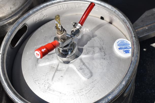 10 half-size barrel kegs with tap attachments, stainless steel, engraved branding, and white seal. Auction multiply by ten.