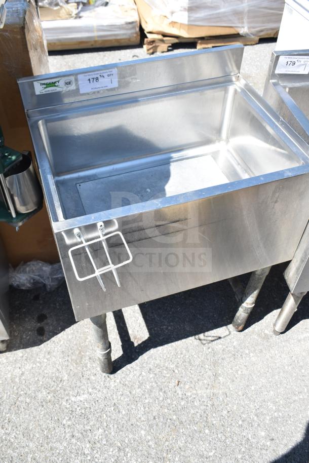 Regency 600IB1824CP commercial ice bin with cold plate, stainless steel, sturdy legs, clean condition.