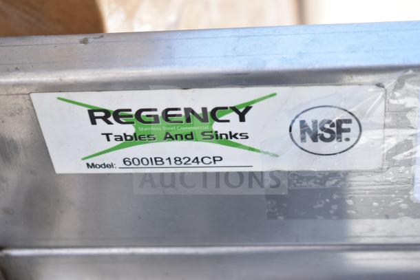 Regency 600IB1824CP commercial ice bin with cold plate, stainless steel, NSF certified, model label visible.