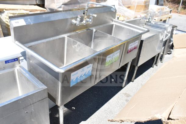 Commercial 3 bay stainless steel sink with backsplash and faucet, ideal for restaurants. Visible labels on each bay. Good condition.