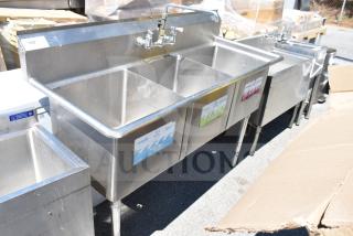 Commercial 3 bay stainless steel sink with backsplash and faucet, ideal for restaurants. Visible labels on each bay. Good condition.