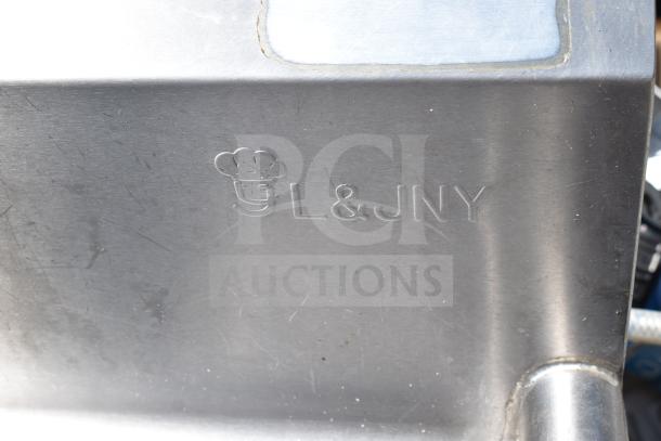 Commercial 3 Bay Sink, stainless steel with "L&JNY" logo. Durable, used condition, ideal for professional kitchens.