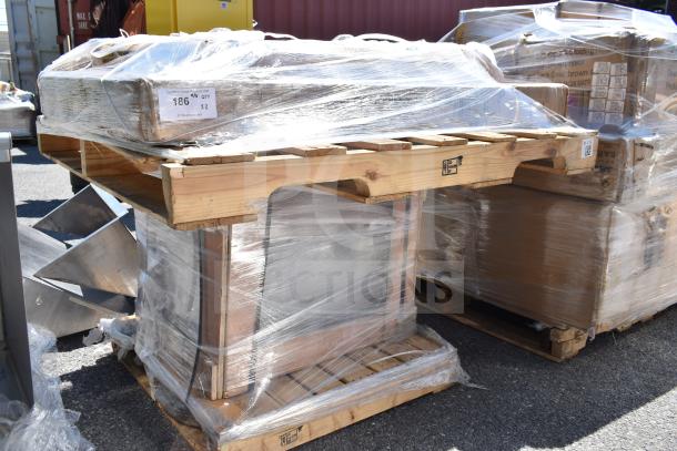 3 brand new scratch and dent items, including ice bin and wire shelves, wrapped on pallet. Quantity label shows QTY x3.