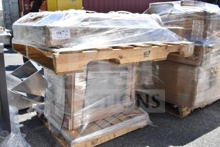 3 brand new scratch and dent items, including ice bin and wire shelves, wrapped on pallet. Quantity label shows QTY x3.