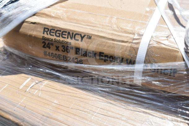 "Regency 24x36 Black Epoxy Wire Shelf in wrapper. Scratch and dent condition. Model #460EB2436 visible."