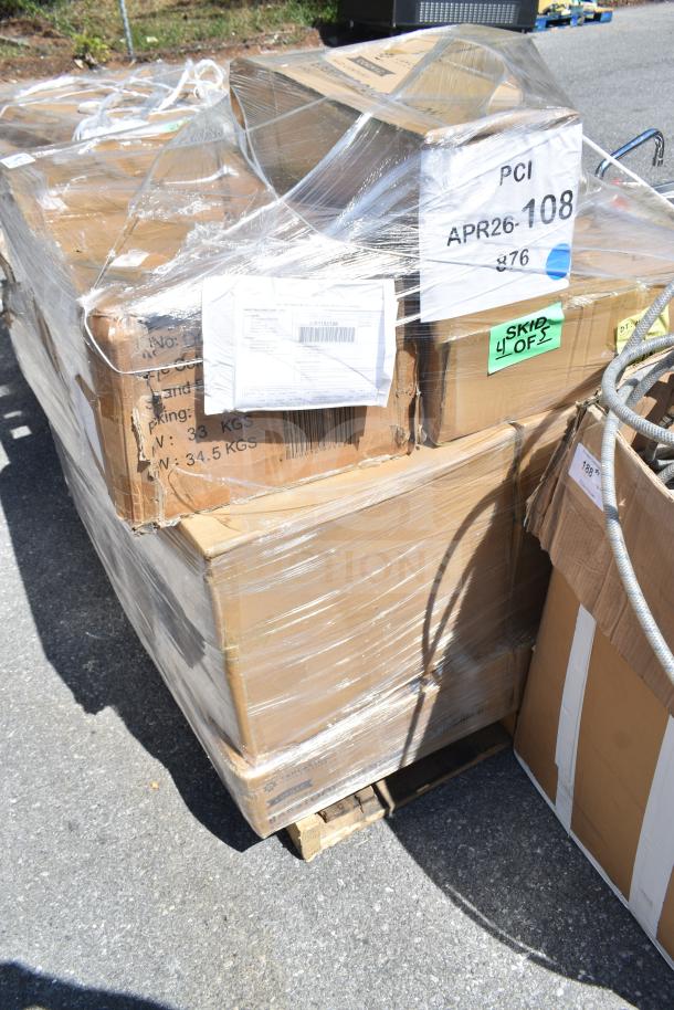 12 new scratch and dent items on pallet, including cushions and chair. Visible tags: "PCI APR26-108," "Skid 4 of 5."