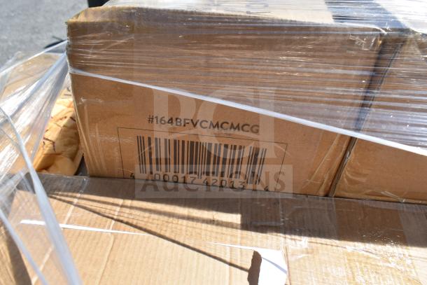 Cardboard box with barcode and #164BFVCMCMCG marking, containing 12 new scratch and dent items on a pallet.