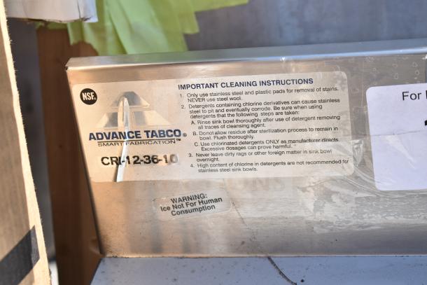 Advance Tabco CRI-12-36-10 36" x 21" underbar ice bin with 10 circuit cold plate, 119 lb, NSF approved, cleaning instructions shown.