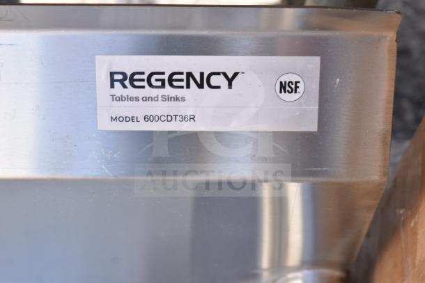 Regency 600CDT36R 3' clean dish table with right drainboard, stainless steel, 16 gauge, brand new with minor scratches, NSF certified.