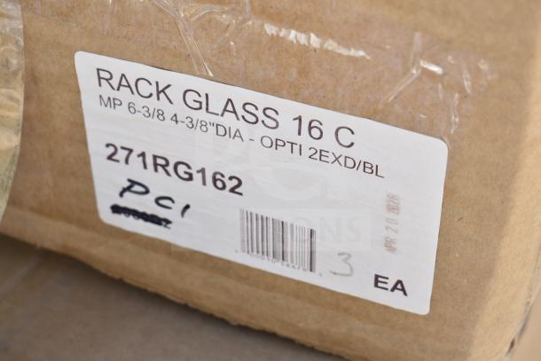 Label on a cardboard box for a rack glass model 16 C. Includes dimensions MP 6-3/8 4-3/8” DIA, code 271RG162.