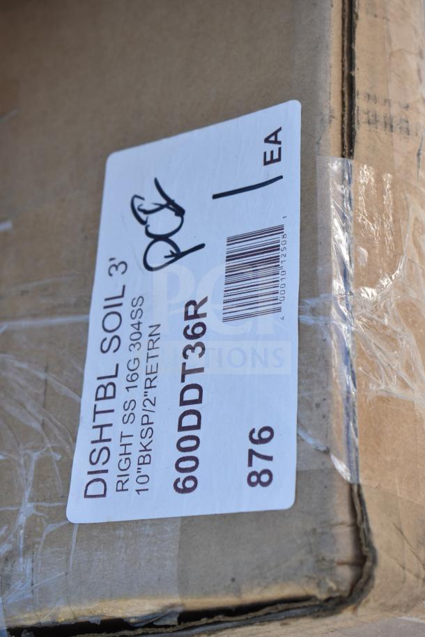 Cardboard box with a label reading "DISHTBL SOIL 3', Right SS 16G 304SS, 10"BKSPI/2"RETRN, 600DDT36R, 1 EA, 876."