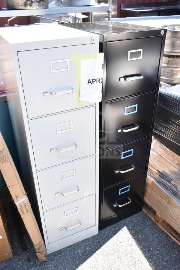 Hirsh black and gray four-drawer vertical letter file cabinets, 15"x22"x52" and 15"x25"x52", new scratch and dent condition.