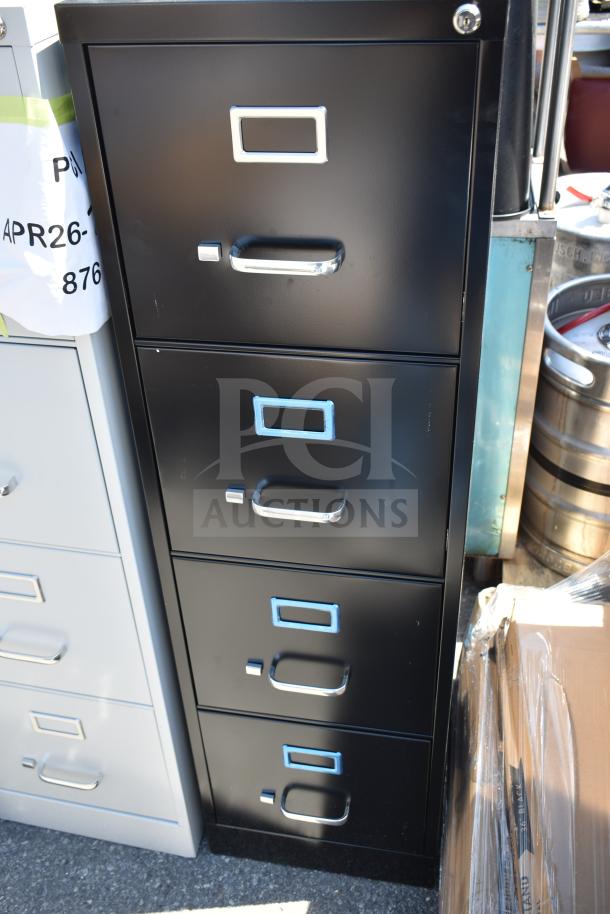 Hirsh 17892 black four-drawer vertical letter file cabinet; new with minor dents; measures 15"x22"x52".