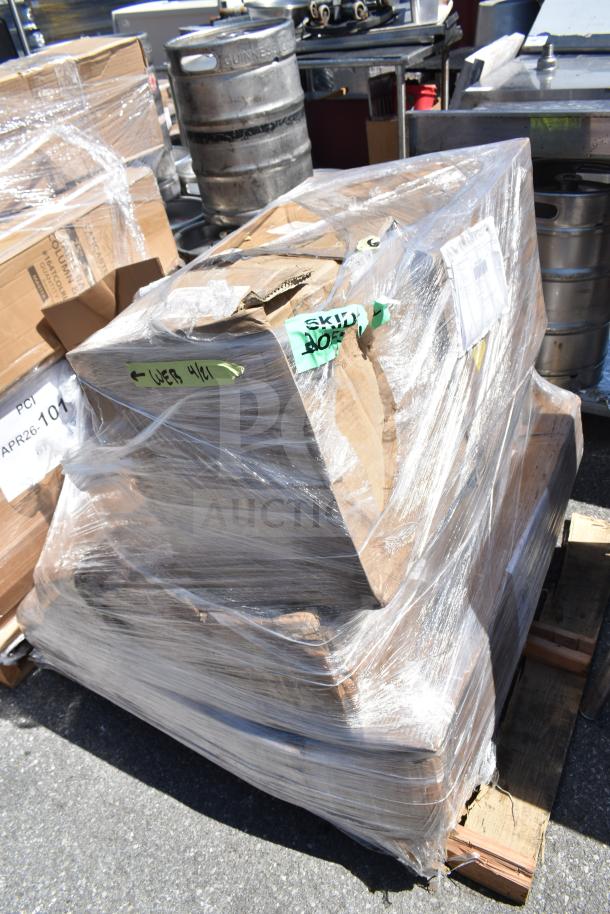 Wrapped pallet with 10 brand new scratch and dent items, including sink and covers. Labels indicate SKU and auction lot details.