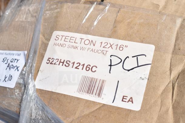 Steelton 12x16 hand sink with faucet, model 522HS1216C. New with pallet, visible manufacturer label and markings.