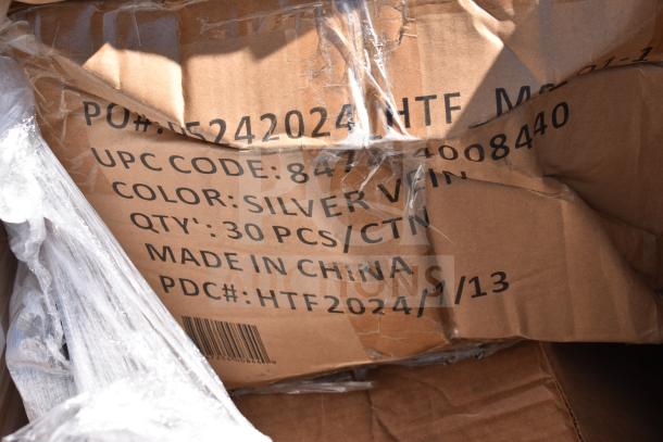 Crushed cardboard box labeled "Silver Vein," 30 pieces per carton, UPC 84784008440, made in China.