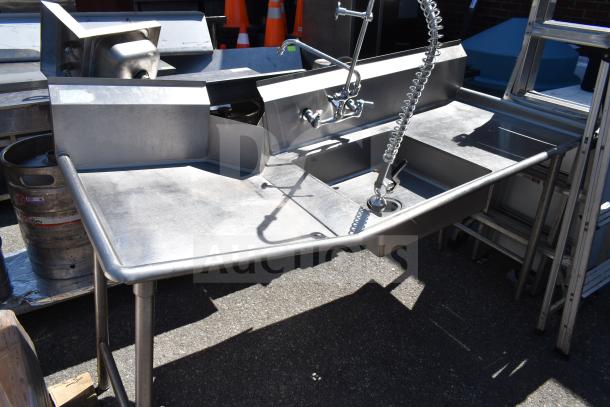 Stainless steel clean and dirty side dish tables; dual sinks, pre-rinse faucet, good condition, sturdy construction.