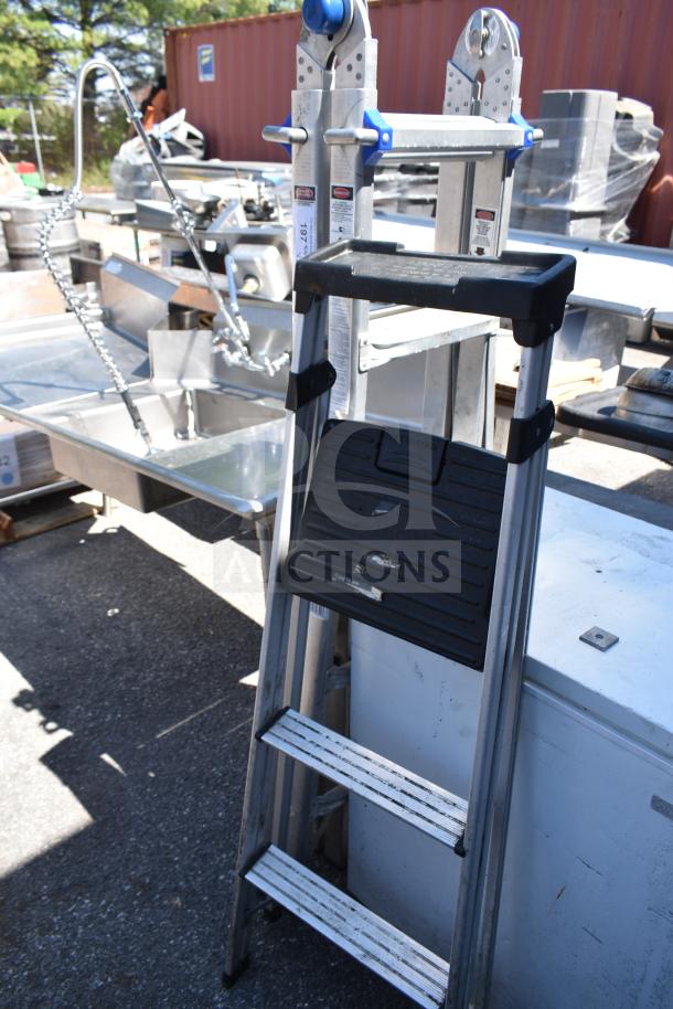 Two aluminum ladders with black steps, good condition, robust build, visible safety labels, ideal for versatile use.