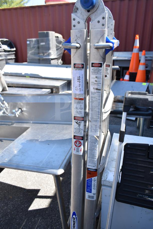 Werner multi-position ladders with safety labels, aluminum build, excellent condition, 300 lbs load capacity.