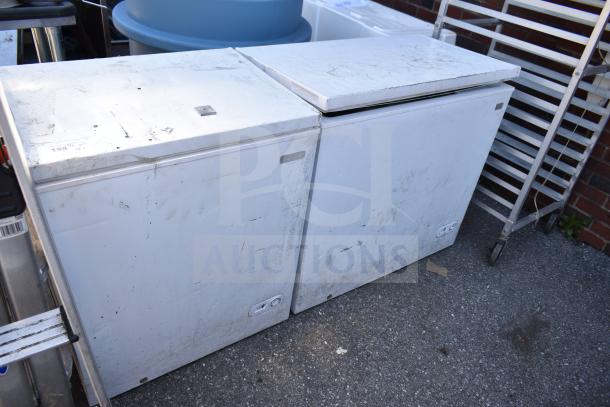 2 Magic Chef HMCF5W4 Chest Freezers, 115V, 1 Phase. Visible wear, scratches. Potential for restoration. Auction is 2 times bid.