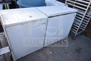 2 Magic Chef HMCF5W4 Chest Freezers, 115V, 1 Phase. Visible wear, scratches. Potential for restoration. Auction is 2 times bid.