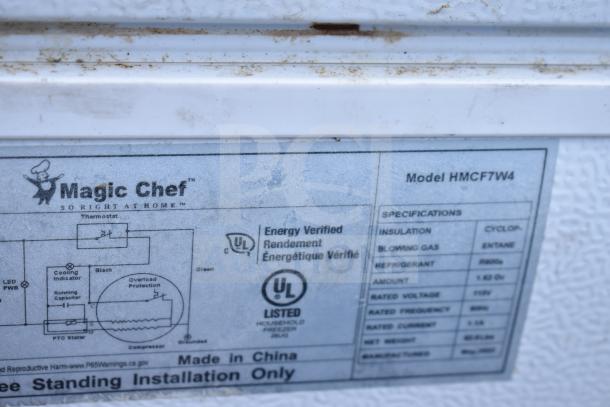 Magic Chef HMCF5W4 chest freezer label showing model, specs, and UL energy verification. 115 Volts, 1 Phase.
