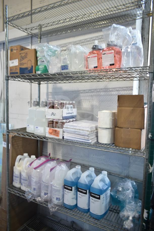 Three-tier lot with Coastwide Foaming Hand Soap, Diversey Wiwax ProX Emulsion, and espresso beans. No shelving included.