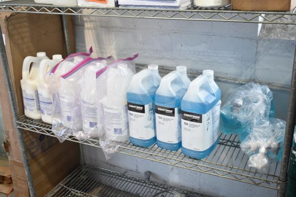 Three-tier lot featuring Coastwide foaming hand soap, Diversey Wiwax ProX emulsion, and espresso beans. Shelving not included.