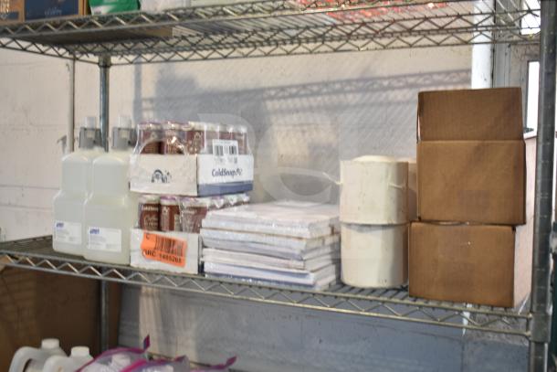 Three-tier lot with Coastwide Foaming Hand Soap, Diversey Wiwax ProX Emulsion, espresso beans. Shelving not included.